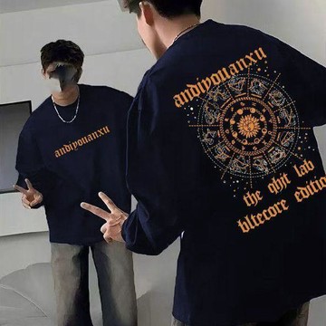 十二星座設計圖案美式字母長袖印花重磅純棉寬鬆嘻哈上衣男女T恤 8N