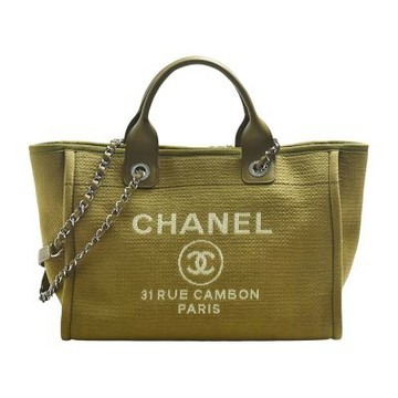 CHANEL 經典雙C LOGO Deauville藤織帆布手提/肩背包(橄欖綠色)