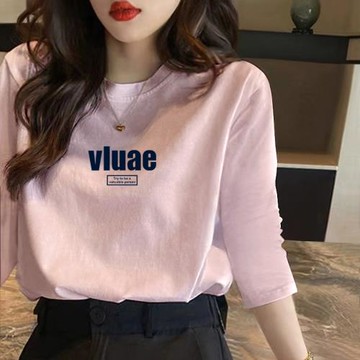 歐貨女裝粉色純棉中袖上衣女七分袖t恤2025年春秋季新款洋氣小衫