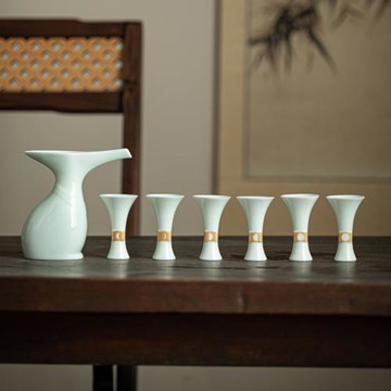 六時吉祥青玉陶瓷分酒器白具禮物品高度端杯套盒裝商務辦公過新年