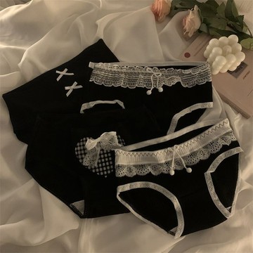 Xuan♥內褲女純棉少女全棉襠抑菌黑色蕾絲中腰大碼學生女士三角褲