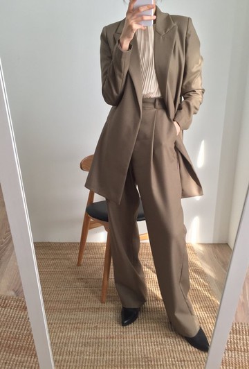 卡其色羊毛精紡西裝外套長褲西裝套裝 剩S