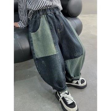 男童褲子春秋款加絨兒童牛仔褲復古拼接時髦炸街褲男孩美式老爹褲