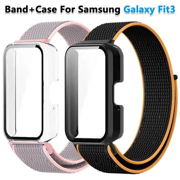 保護殼+錶帶 適用於 三星 Galaxy Fit 3 魔術貼尼龍錶帶 搭配PC殼膜一體殼 硬殼 保護貼 腕帶 錶帶