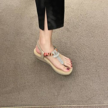 超軟小羊皮~波西米亞風涼鞋女夏外穿水鉆坡跟厚底泰國海邊沙灘鞋