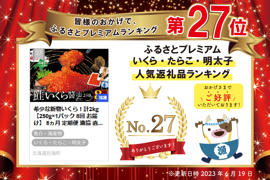 希少な新物いくら！計2kg 8ヵ月 定期便 漁協 直送！本場「北海道」 いくら 醤油漬け