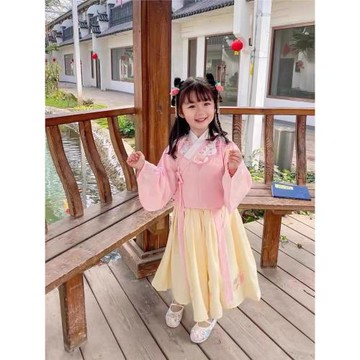 童裝漢服女童古裝中國風洛麗塔刺繡公主裙日常套裝粉色小女孩童裝