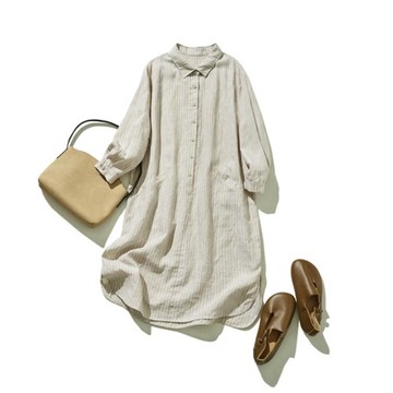 打造精緻穿搭的襯衫洋裝 100%亞麻 洋裝 長袖 米色條紋 240904-1
