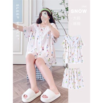 加大碼超薄花邊短袖短褲睡衣套裝夏冰絲棉綿綢家居服孕婦胖m200斤