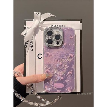 適用蘋果16ProMax手機殼新款iPhone16氣質紫色冰川紋溫柔小花朵15plus閃粉鏡頭全包14網紅超火13小眾12pm女款