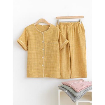 情侶短袖七分褲睡衣女男士夏季純棉紗布薄款日系小格子家居服套裝