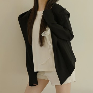 連帽開襟-黑色長袖外套-黑色