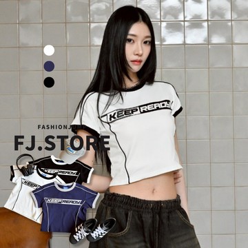 【FJstore】keep ready撞色織帶短版合身短T 女生短袖 女上衣 短版上衣 圓領T恤 短袖上衣
