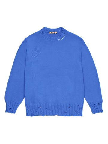 Marni Kids - logo-embroidered ripped jumper - kids - Cotton - 12 yrs - Blue