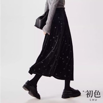 初色 拼接純色加絨蝴蝶印花A字裙長裙女半身裙-黑色-10162(M-2XL可選)