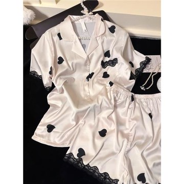 (免運)高級感愛心印花冰絲女款夏季短袖睡衣2025新款蕾絲拼接家居服套裝