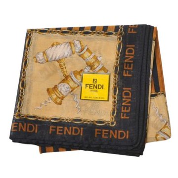 FENDI 格紋鏈飾印花圖騰品牌字母LOGO滾邊帕領巾(黑色邊/47CM)