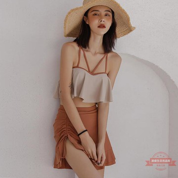 2022泳衣女分體保守裙式三件套 小胸鋼托遮肚顯瘦ins風溫泉游泳裝