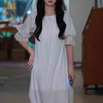 噓國王在冬眠虞書欣同款白色泡泡袖蕾絲連衣裙女夏寬松少女感長裙