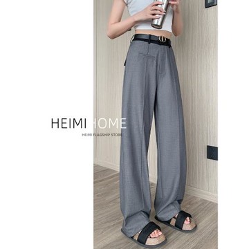 灰色窄版西裝褲女2024春秋高腰直筒闊腿褲小個子高級感寬松休閑褲