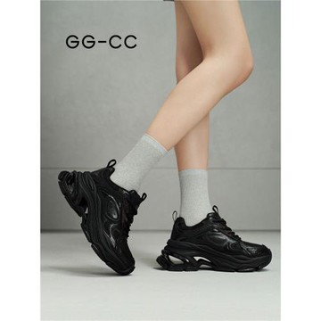GGCC潮流厚底老爹鞋女夏季新款復古炸街黑色鏤空設計感休閑鞋