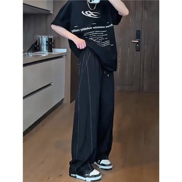 黑色oversize垂感闊腿褲夏季薄款涼感冰絲褲子男設計感彎刀休閑褲