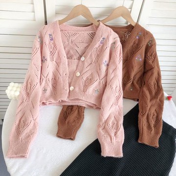 名媛刺繡小花長袖針織開衫外套+短款t吊帶背心內搭上衣兩件套秋冬