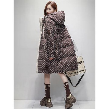 古弄原創設計潮牌羽絨服女中長款2024新款冬季時尚洋氣印花白鴨絨