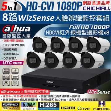 【CHICHIAU】Dahua大華 H.265 5MP 8路CVI 1080P數位遠端監控套組(含2MP智能紅外線攝影機x8)