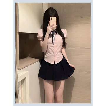 HK純欲辣妹jk制服短袖襯衫女修身顯瘦收腰襯衣設計感上衣百褶裙套裝