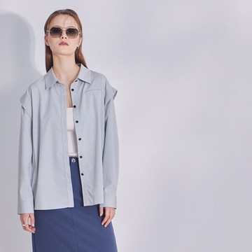 【MASTINA】廓肩韓版假兩件長袖襯衫 白 綠