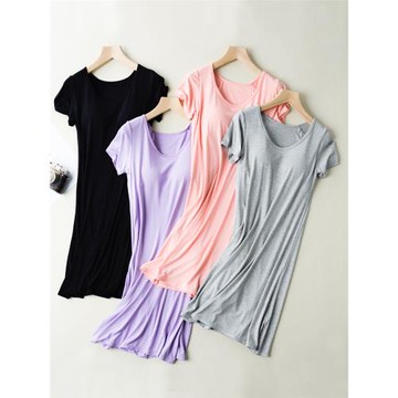 莫代爾帶胸墊短袖睡裙女可外穿文胸一體式過膝長款睡衣夏季家居服