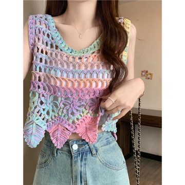 大碼女裝夏季新款扎染鏤空勾花針織背心設計感小眾時尚百搭上衣潮