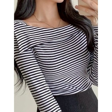 Codibook｜韓國 dangosister 斜肩方領條紋長袖上衣［預購］長袖上衣 T恤 女裝