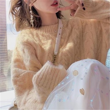 日系溫柔風鵝黃色軟糯針織衫女秋冬中長款圓領寬松外穿馬海毛毛衣