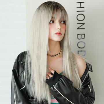 長假髮整頂假髮-齊瀏海銀灰直髮女假髮74fp18【獨家進口】【米蘭精品】