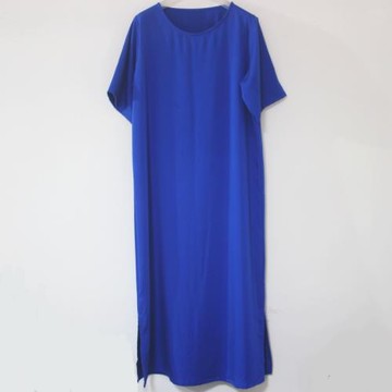 高端真絲棉綢連衣裙寬松開叉法式寬松赫本風復古純色女夏季長裙