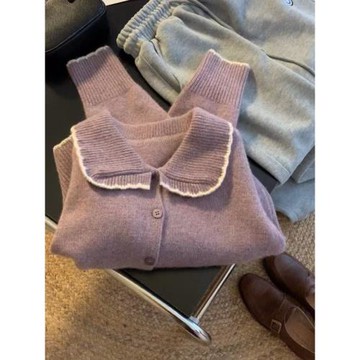 今年流行紫色娃娃領毛衣外套女秋冬高級感減齡慵懶風針織開衫上衣