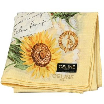 CELINE 奶黃向日葵手寫信印花字母圖騰LOGO帕領巾(48CM)
