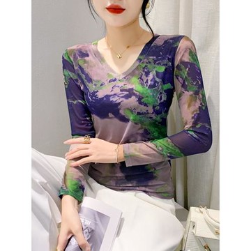性感V領扎染上衣女裝秋冬小衫洋氣網紗打底衫薄款百搭顯瘦長袖T恤