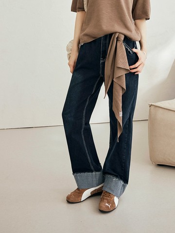 棉質彈力撞色車線反摺直筒牛仔褲