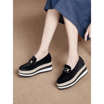 2025春秋季磨砂絨面厚底松糕單鞋坡跟休閑女鞋增高鞋一腳蹬英倫風