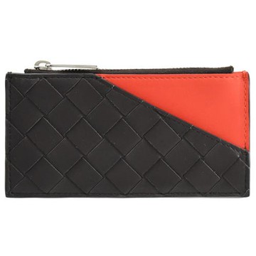BOTTEGA VENETA 639855 編織拼色卡片零錢包.深咖/紅