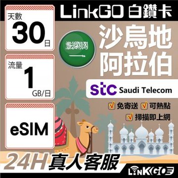 LINKGO白鑽卡 沙烏地阿拉伯 eSIM卡 30天上網卡 每日1GB 高速流量(沙烏地阿拉伯網卡 利雅德 吉達)
