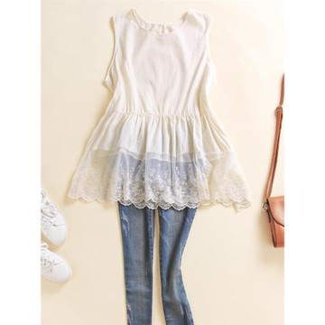 夏裝新款簡約清新純色無袖背心甜美打底坎肩森系蕾絲花邊拼接吊帶