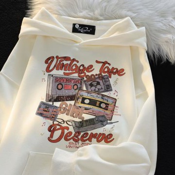 美式復古磁帶印花連帽衛衣女秋季潮牌嘻哈寬松bf百搭情侶帽衫上衣