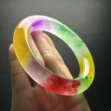 】冰種翡翠春彩胖圓條玉石手鐲紫羅蘭女士圓條天然三彩玉鐲子旺夫