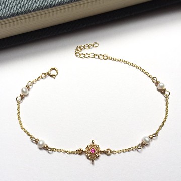 14K包金 粉紅鋯石蕾絲天然珍珠手鍊 手環 項鍊 鎖骨鏈14KGF