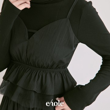 荷葉吊帶下紗背心長裙三件式SET-黑