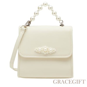 【Grace Gift】奕潔聯名-珍珠交響曲3WAY手提肩背書信包 米白